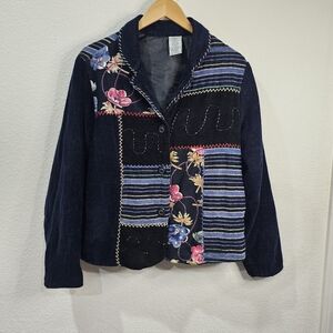 Blazer Top Size M 8 10 Blue Patchwork Floral Lined Button Front